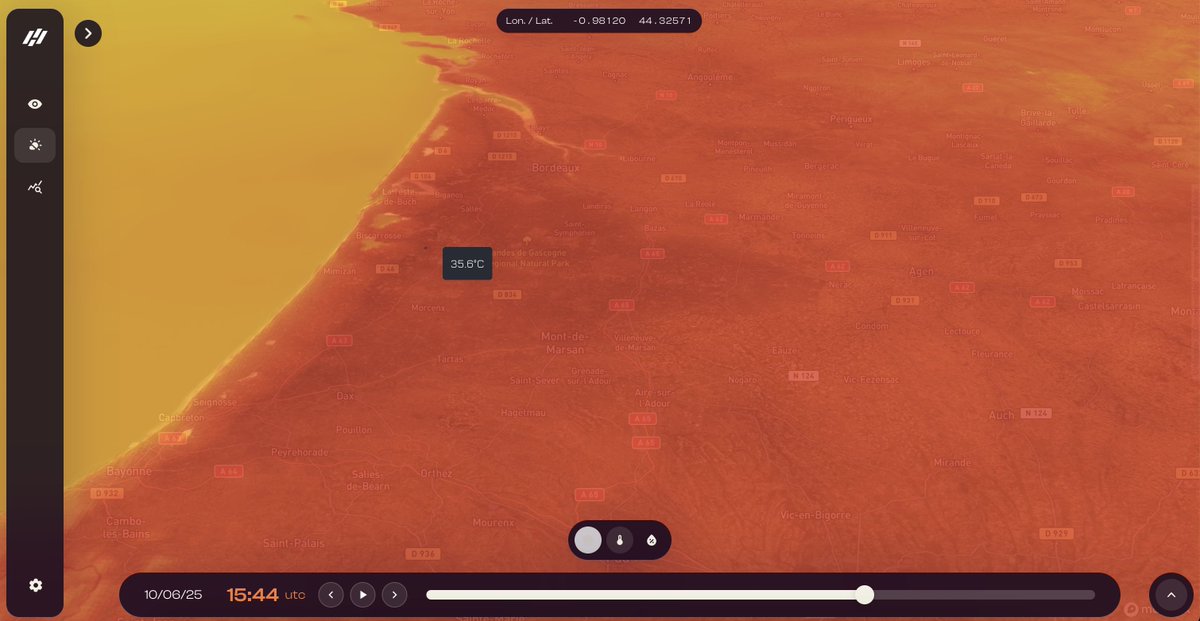 Coup de chaud à venir sur la France. Dès demain, les températures vont dépasser les 35°C, notamment dans les Landes. 
Interface de visualisation Weatherview par <a href="/HDRain/">HD Rain</a>