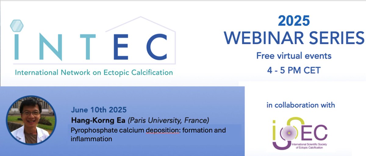 Our next <a href="/itnINTEC/">INTEC</a> <a href="/ISSECsociety/">ISSEC</a> webinar on “Pyrophosphate calcium deposition: formation and inflammation” by Hang Korng Ea is planned tomorrow June 10th <a href="/4pm/">4pm</a> CET. 
More info and free registration on the website👇🏻

itnintec.com/webinarseries/