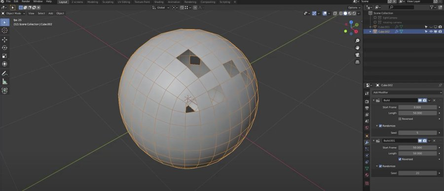 fuckcentedfr's tweet photo. 4⃣ Build: The Build modifier animates a mesh by sequentially revealing or hiding its faces over time, creating a construction or deconstruction effect based on the order of the mesh’s elements. https://t.co/0i5cYhvBLb