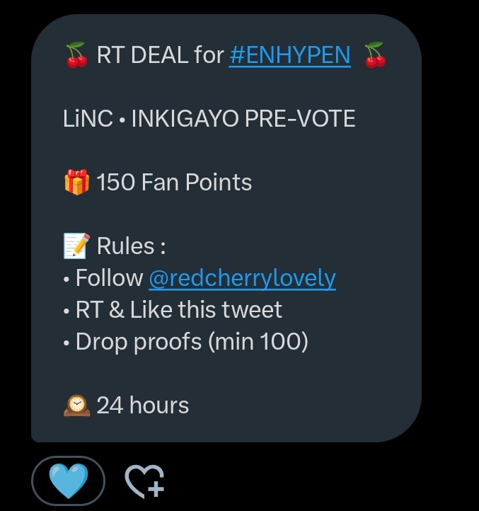 hoonyxiez's tweet image. 🍒 RT DEAL for #ENHYPEN  🍒

LiNC • INKIGAYO PRE-VOTE

🎁 150 Fan Points

📝 Rules :
• Follow @redcherrylovely 
• RT &amp;amp; Like this tweet
• Drop proofs (min 100)

🕰️ 24 hours
#ENVOOSTERS #ENFuelUp