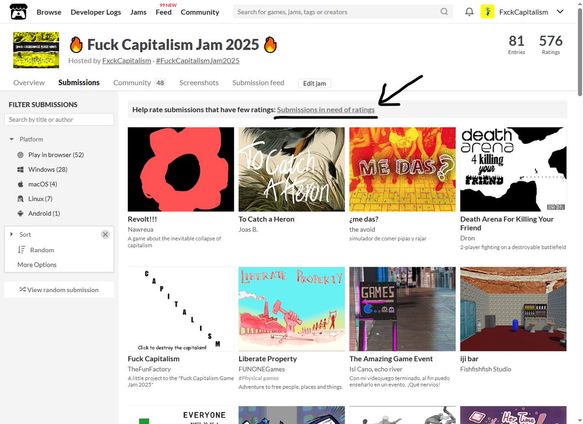 Did you take part on the #FuckCapitalismJam2025? Then probably the most anti-capitalist thing you can do this week is to follow the arrow and discover some hidden gems (see image below).

itch.io/jam/fuck-capit…