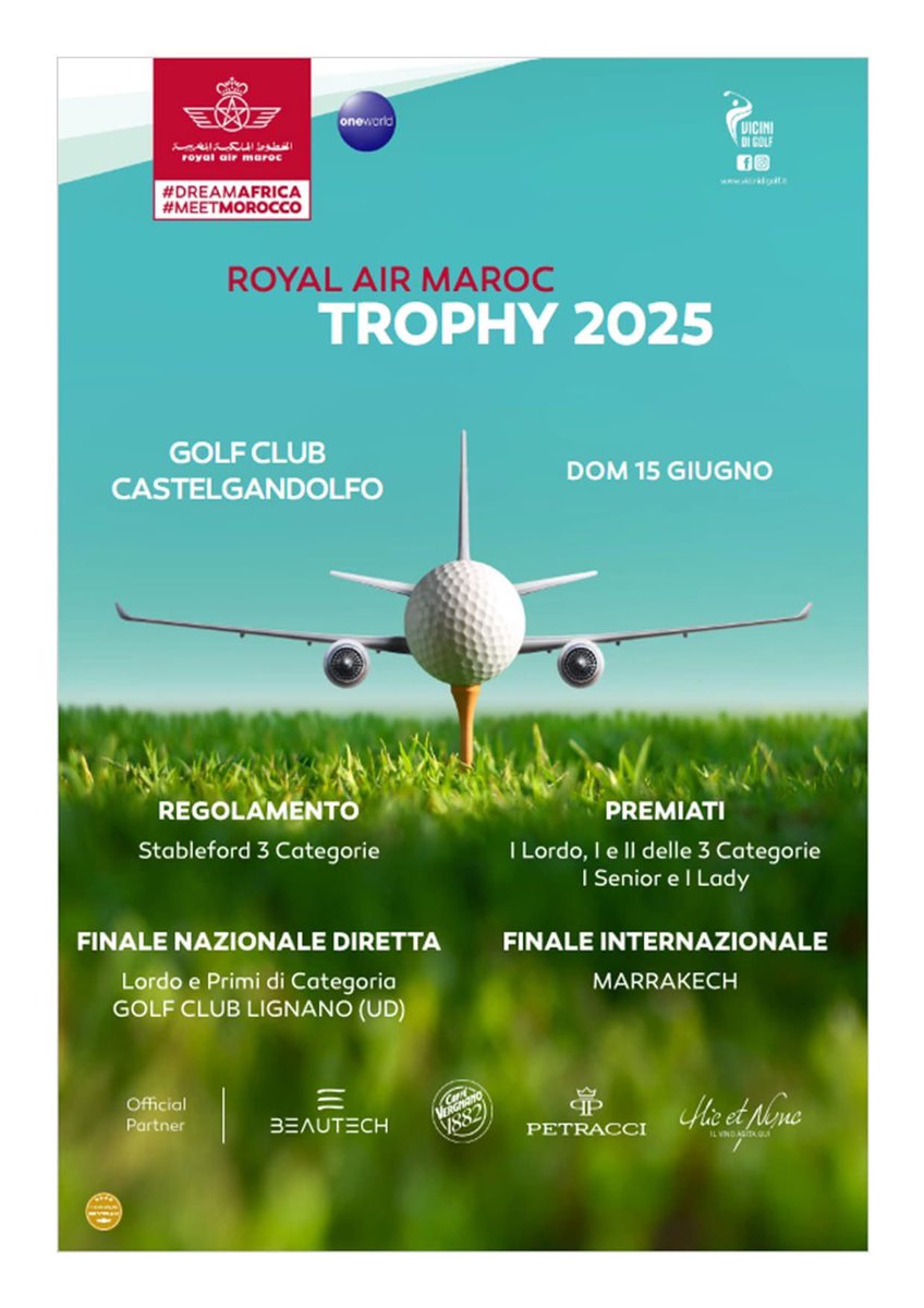 Castelgolf's tweet image. 🤩 ROYAL AIR MAROC TROPHY 2025 🔝 domenica 15 giugno gara 18 buche Stableford a 3 categorie 💪 vi aspettiamo potreste vincere la finale a Marrakech 🤩⛳️🏌🏻‍♂️