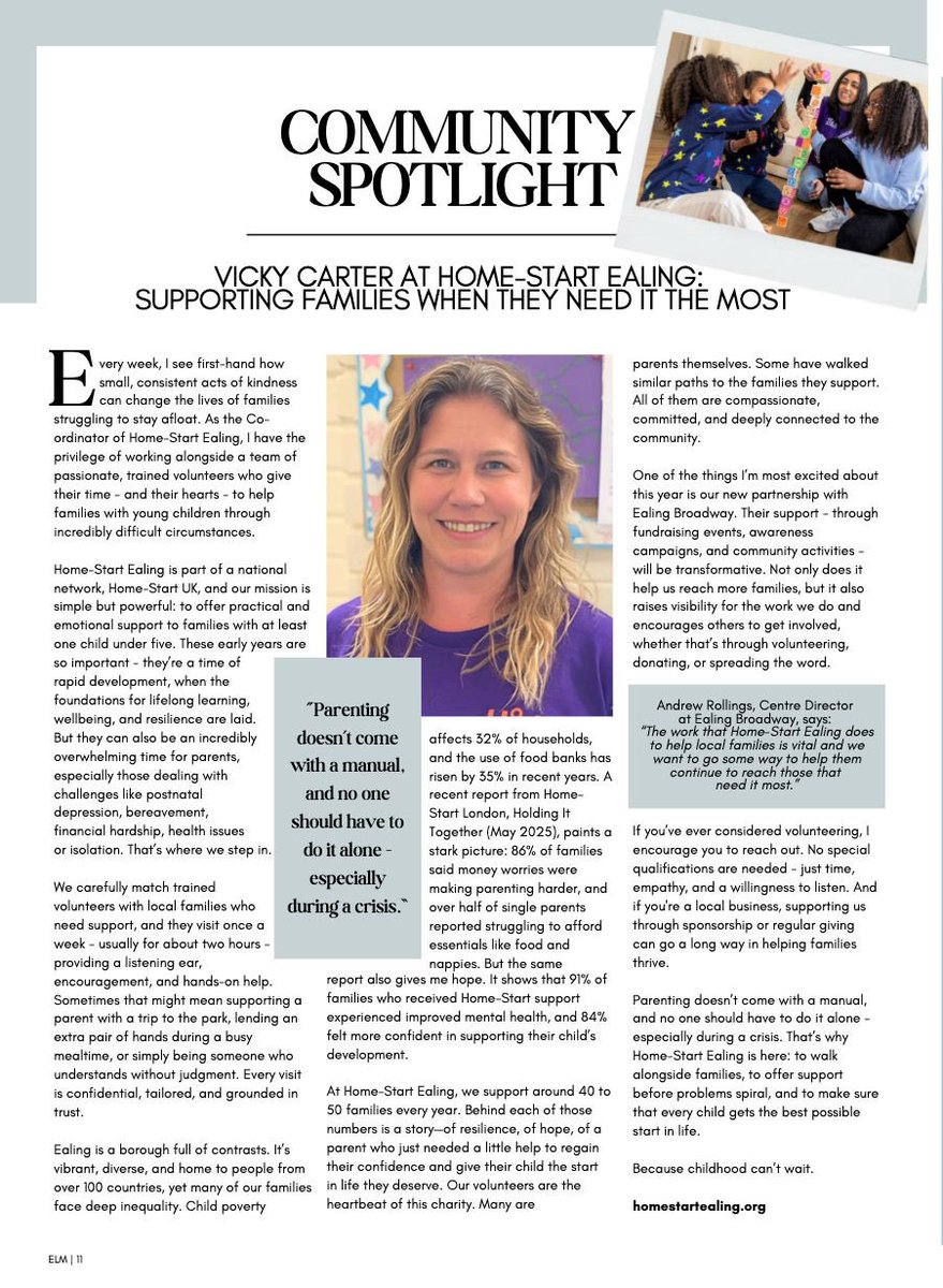 We are delighted to have been featured in the latest edition of the Ealing living magazine. To see the full magazine follow the link below or in our stories.

If you would like to find out more about volunteering with #homestart please get intouch with us

issuu.com/ealinglivingma…