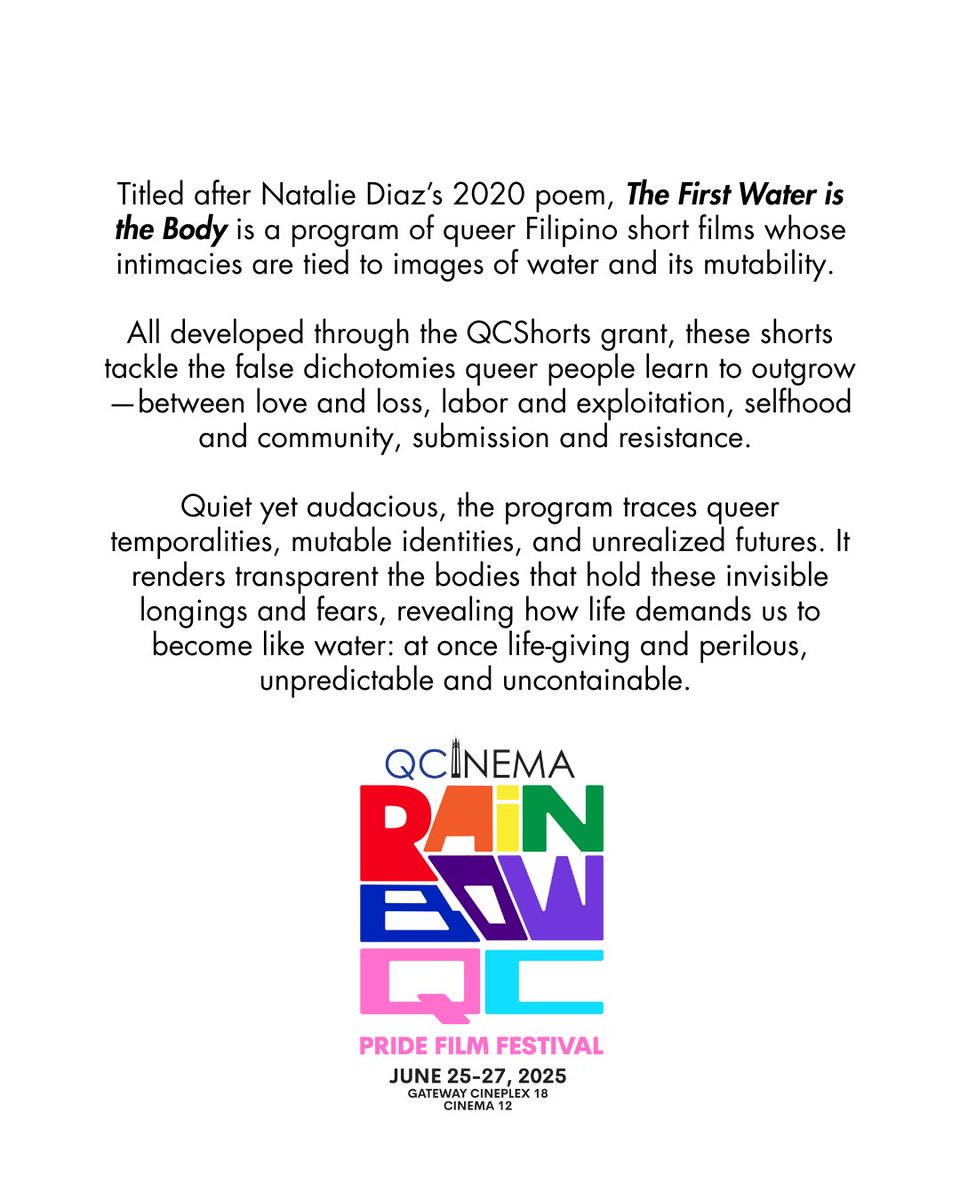 THE FIRST WATER IS THE BODY is a program of queer Filipino short films whose intimacies are tied to images of water and its mutability.

Featuring a new cut of WATER SPORTS by Whammy Alcazaren (2024).

Free admission. June 27 (Friday), 1 PM. Gateway Cineplex 18, Cinema 12.