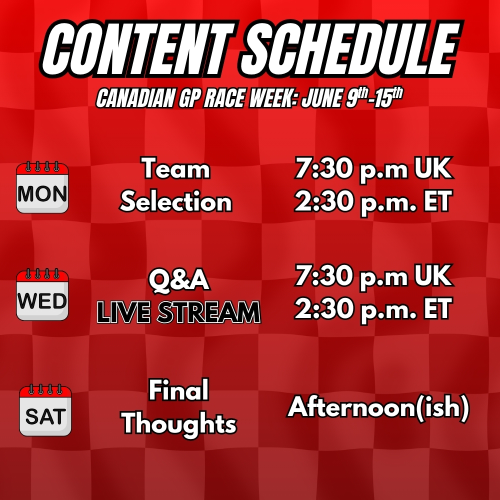 🇨🇦Here's my F1 Fantasy content schedule for the Canadian GP.

👀I've made a slight adjustment to the schedule this week due to my travel plans.

🤞Saturday's Final Thoughts will hopefully be up as soon as possible!