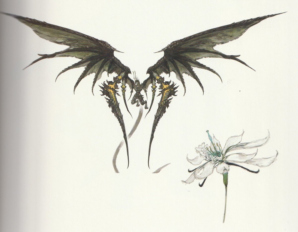 [ffxvi artbook scans]

ffxvi’s bahamut’s wings resembling the wyvern tail petals is such a beautiful thing to me.  
the tail also mirrors the thin stalk of the flower. a very meaningful bahamut design, especially when you consider the dion and harpocrates quest in the late game.