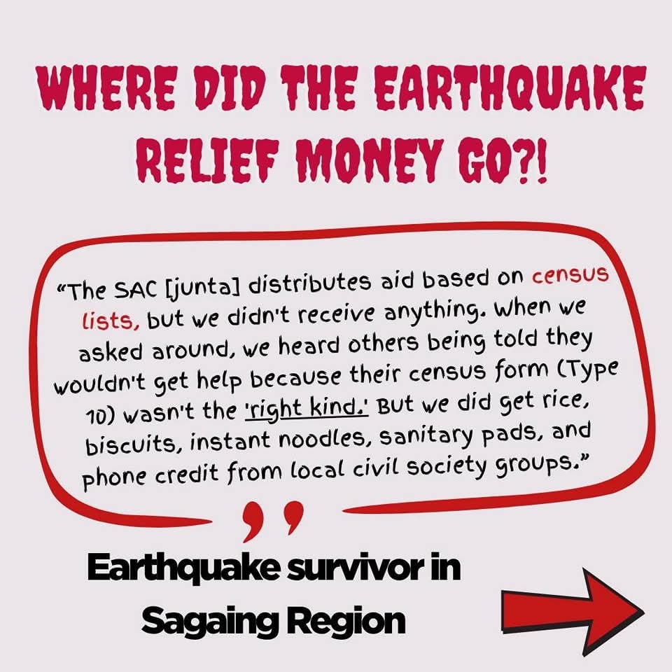 💢 #Sisters2Sisters joins the Blood Money Campaign and other allies today to launch a campaign to STOP the weaponization of aid. 

#StopWeaponizationOfAid 
#AidPeople_NotJunta 
#MyanmarEarthquake #SagaingEarthquake 
#WhatsHappeningInMyanmar
#BloodMoneyCampaignMM
#Sisters2Sisters