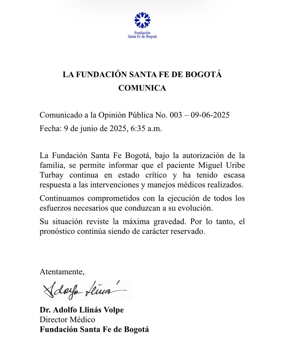 #ATENCION | 🏥La Fundación Santa Fe emitió un nuevo comunicado sobre el estado de salud de Miguel Uribe Turbay.

 "Ha herido escasa respuesta a las Intervenciones y manejos médicos realizados"