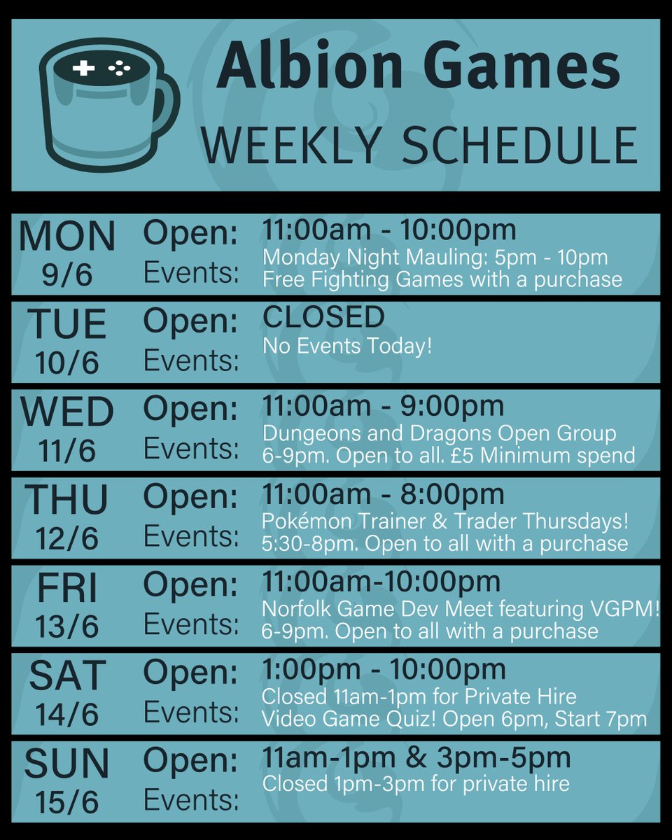 Albion Games (@albiongamescafe) on Twitter photo Busy week ahead, but when aren't they these days?
Plenty of our regular community groups on this week, including the reboot of our Norfolk Game Developer Meet featuring <a href="/VGPMuseum/">Video Game Preservation Museum</a>! We also have the Video Game Quiz Night 10 taking place on the weekend! Busy week ahead, but when aren't they these days?
Plenty of our regular community groups on this week, including the reboot of our Norfolk Game Developer Meet featuring <a href="/VGPMuseum/">Video Game Preservation Museum</a>! We also have the Video Game Quiz Night 10 taking place on the weekend!