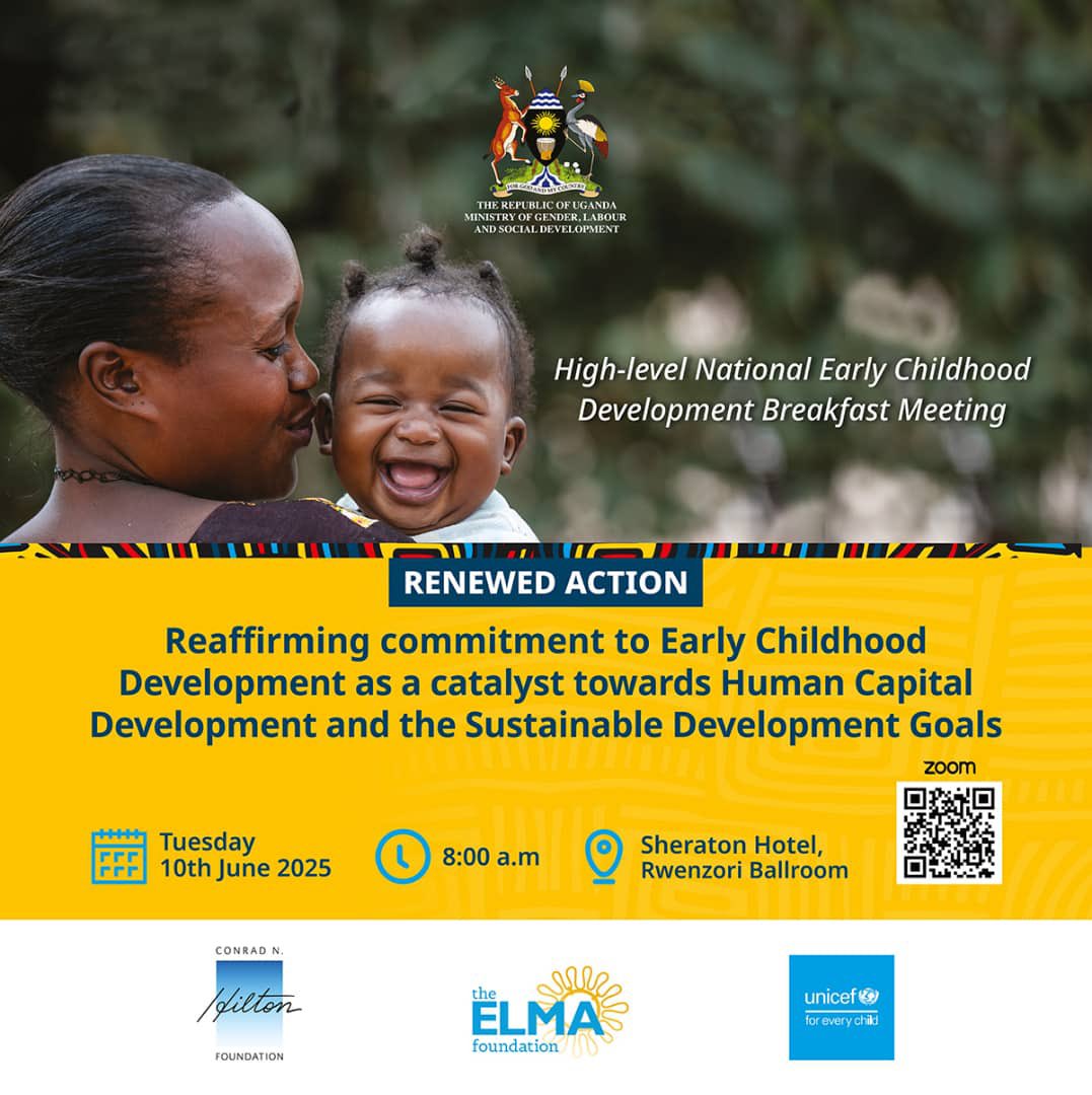Tomorrow, a High-Level Breakfast Meeting on Early Childhood Dev’t (ECD), organized by <a href="/Mglsd_UG/">Ministry of Gender, Labour and Social Development</a> in partnership with <a href="/UNICEFUganda/">UNICEF Uganda</a> &amp; other dev’t partners, is happening at📍Sheraton Hotel, Kampala.⏱️8AM.

The event aims to reaffirm ECD as key to Human Capital Dev’t.

#ECDUganda