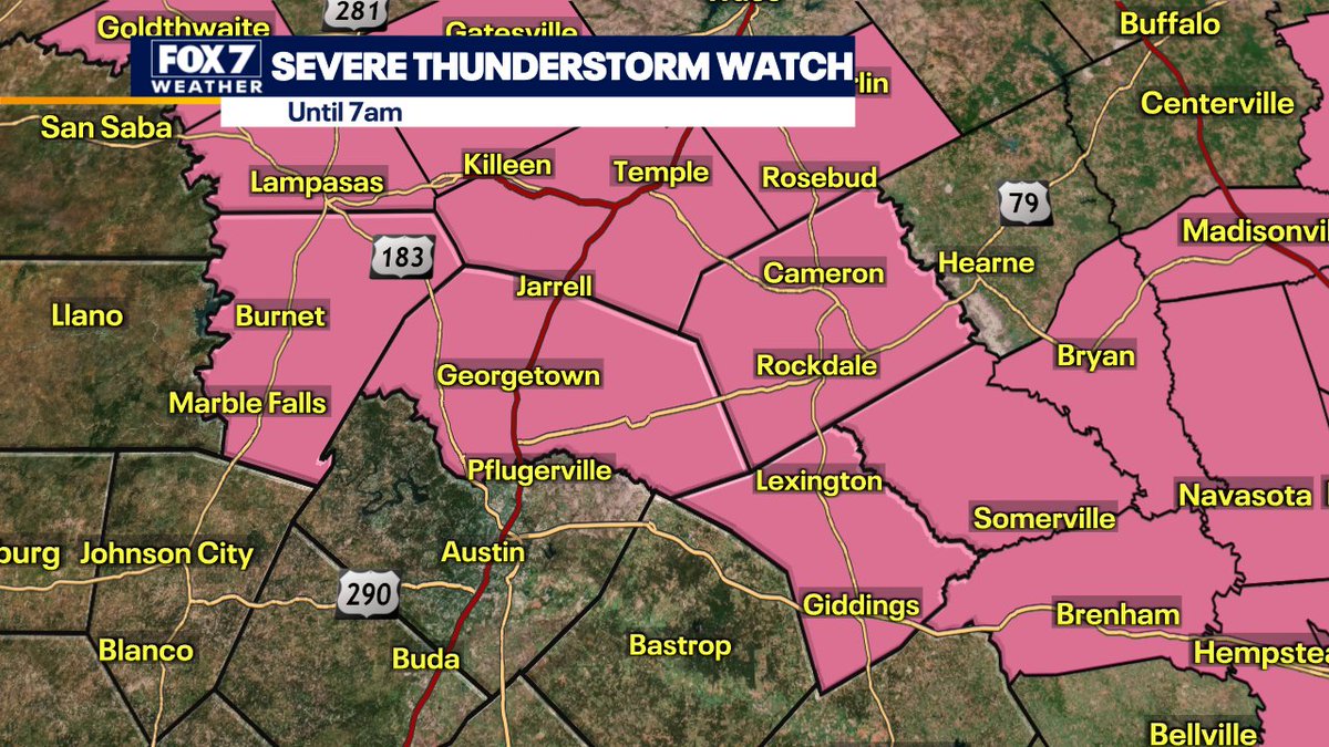 SEVERE THUNDERSTORM WATCH for areas just north of Austin until 7am. A line of storms will continue to push into Central Texas. The main threats for now will be very strong winds and lots of lightning.