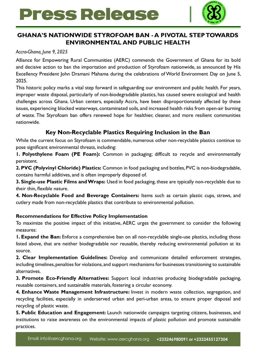 aercgh's tweet photo. 👏 Ghana bans Styrofoam nationwide! A bold step for a cleaner, healthier future. AERC urges action on all non-recyclable plastics. #StyrofoamBan #EcoGhana #AERC #WorldEnvironmentDay #PlasticPollution https://t.co/ubPA3LRXWL