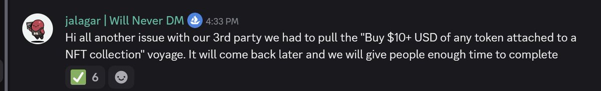 paperwish's tweet photo. A heads up on the @openseapro $10 NFT token mission.
They decided to pull it down for now and reinstate it later after fixing. 🫡
- Mentioned by [OpenSea Dev] in discord.

#OpenSeaPro #NFTQuest #XP https://t.co/5CgEMxE7wc