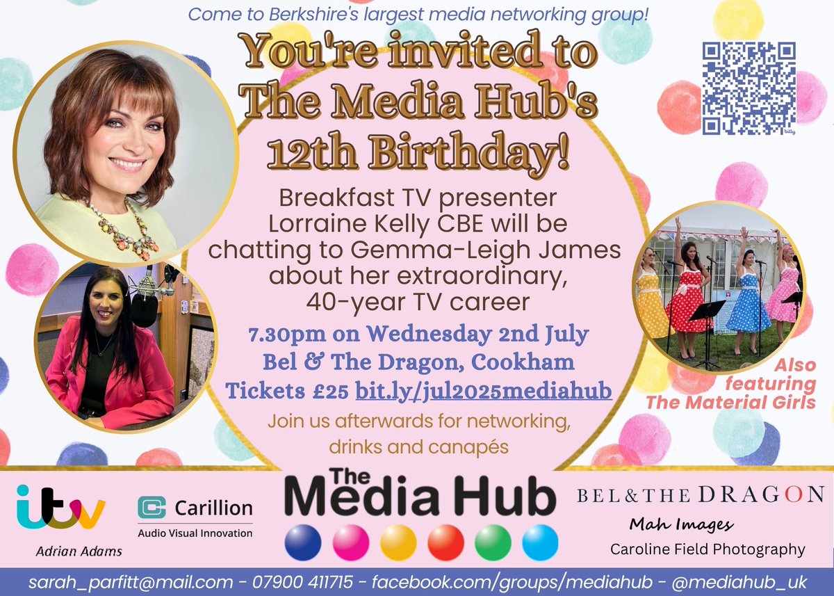 Whoop whoop! Tickets are now on sale for the <a href="/MediaHub_UK/">Sarah P and Sarah R</a>'s 12th birthday with <a href="/reallorraine/">Lorraine</a> @ the Bel &amp; The Dragon <a href="/cookham/">Cookham Community</a>. So if you work in the media, do join us! <a href="/CarillionComms/">Carillion Comms</a> <a href="/MaidenheadAds/">MaidenheadAdvertiser</a> <a href="/BBCBerkshire/">BBC Berkshire</a> <a href="/PopsyT/">Melanie Perry</a> <a href="/thisisheart/">Heart</a> <a href="/mediaguardian/">Media Guardian</a> <a href="/orionbooks/">Orion Publishing</a> <a href="/ITVX/">ITVX</a> <a href="/RTS_media/">Royal Television Society</a>