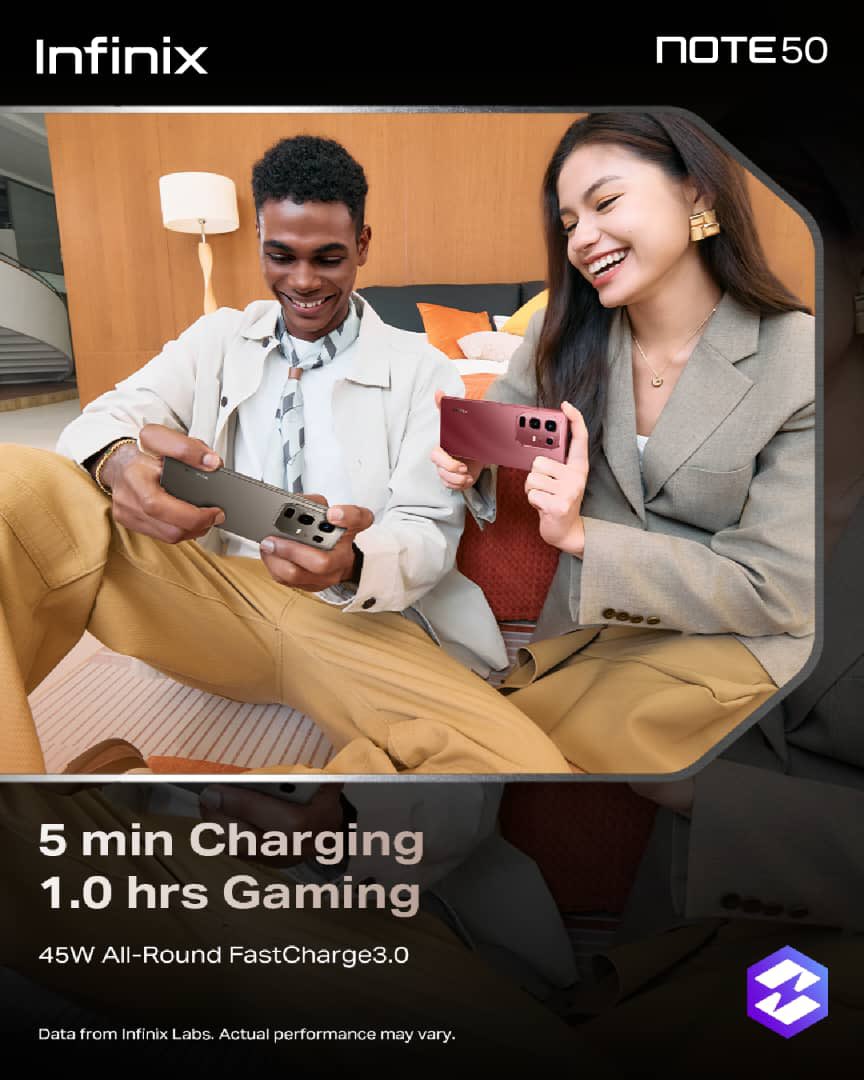 infinixuganda's tweet image. With just 5 mins of charging, The Infinix NOTE50's 45W FastCharge let's you  play your favorite game for an hour with zero battery worry.

Stay connected without the wait.

#InfinixNOTE50 #PowerUpQuick #StayConnected