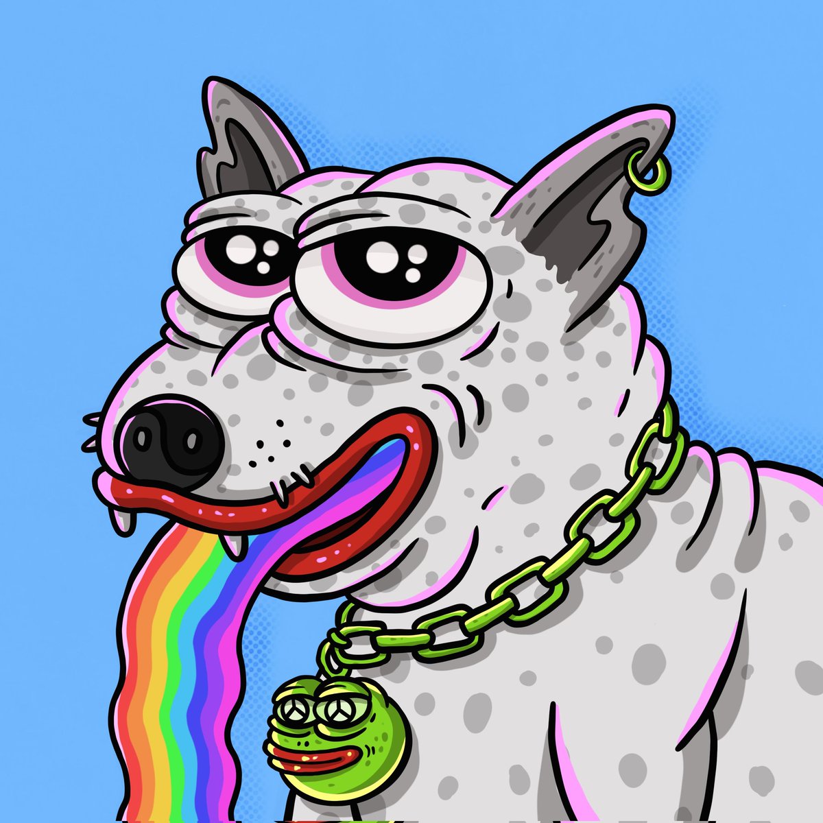 官方 Zeus Pepe's Dog |
宙斯是Jagged 的狗。早在2021年,Jagged 就支持 Matt Furie (Pepe 的创作者)以及像我这样创作 Pepe 风格艺术的独立艺术家。他是NFT 艺术界的坚定支持者,以至于我们许多人开始在自己的作品中加入宙斯,以此向他致敬。这就是为什么宙斯如此频繁地出现在 Pepe