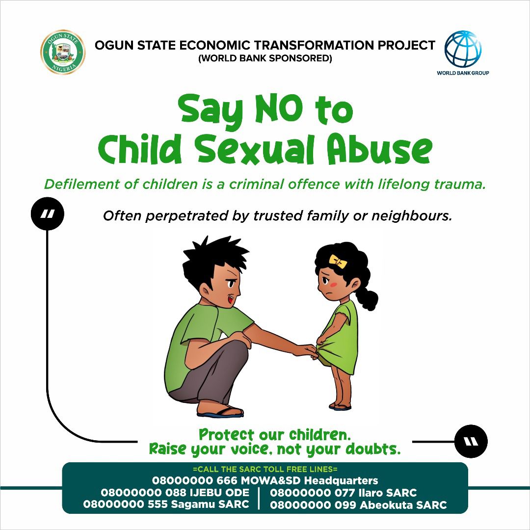 OladosuOlabisi2's tweet image. SAY NO TO CHILD SEXUAL ABUSE!

It’s a crime that scars kids for life. Report It!
 
📞: 08000000666 | 08000000088 | 08000000055 | 08000000077 | 08000000099

@ogstep2020 @WBG_Nigeria @hon_motunrayo
 #YellowRevolutionAgainstGBV #SafeCentersOgun #EndGBVOgun #EndSEA #OGSTEPGender