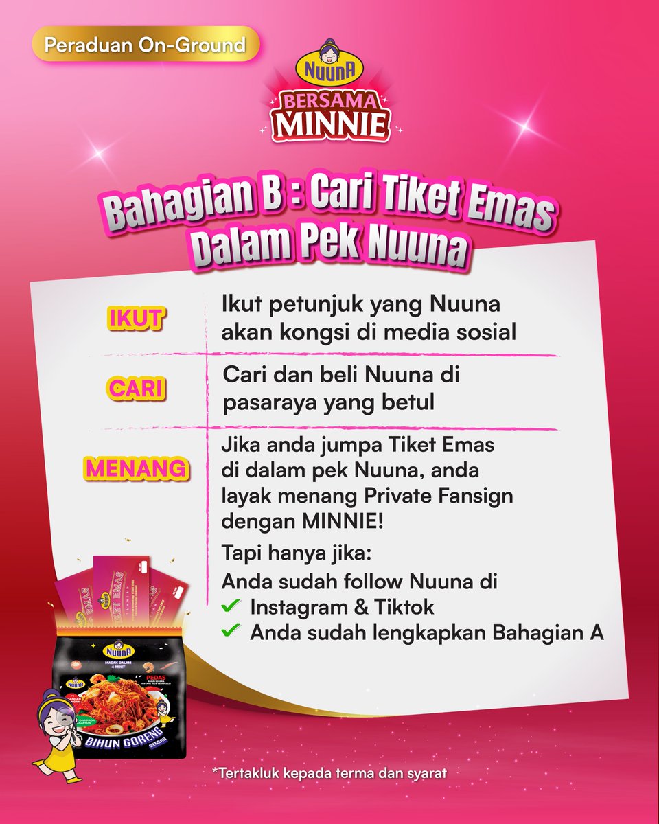 Menangi tiket ke Private Fansign bersama MINNIE of i-dle. 

Ikut langkah ini dan peluang untuk jumpa MINNIE mungkin akan menjadi milik anda!

Rujuk gambar untuk butiran peraduan.

#NuunaBersamaMINNIE #TicketEmasNuuna #MINNIE #idle #NuunaFansign #NuunaMalaysia #MINNIEinKL