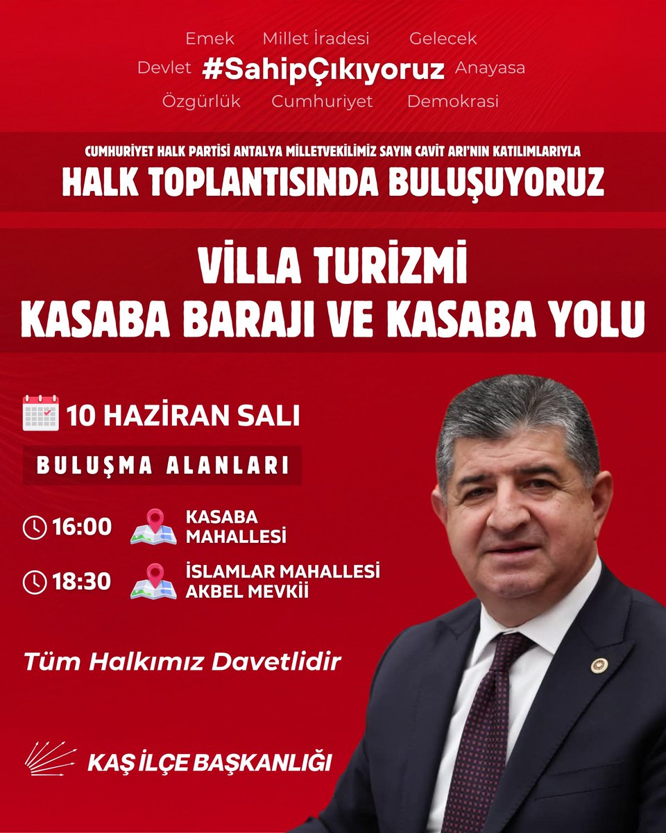 Milletvekillerimiz Sayın <a href="/Mv_CavitAri/">Cavit Arı</a>
İlçemizin Sorunu Olan Kasaba Barajı ve
Villacılık Günübirilik Turizm Konaklama Sorunu İçin Sizlerle
Buluşuyoruz.
Tüm Halkımız Davetlidir.