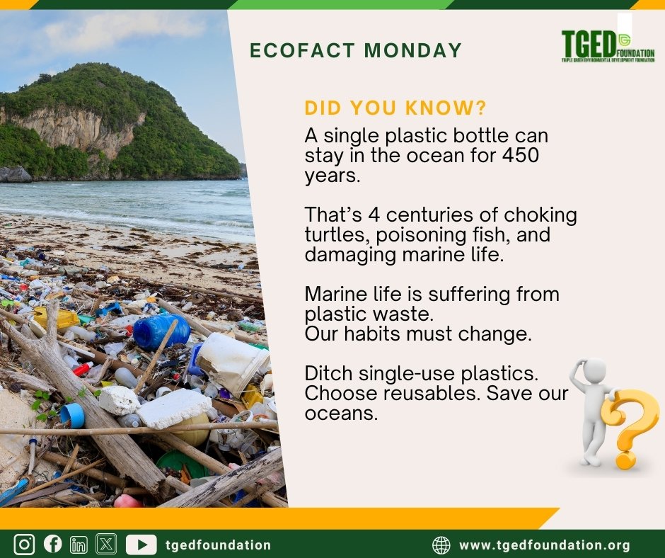 tgedfoundation's tweet photo. That plastic bottle you tossed yesterday?
It could float in the ocean for 450 years, harming fish, choking turtles, and poisoning the food chain.
Our habits must change and change starts with you: ditch the single-use plastics, and choose reusables.
#PlasticKills #RethinkPlastic https://t.co/REjDqUe1xV