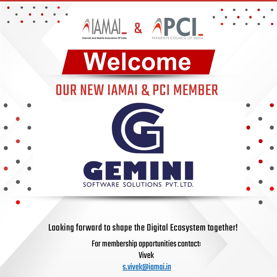 Welcoming Gemini Software Solutions Pvt. Ltd. to the IAMAI &amp; PCI Family!
At geminisoftware.com, precision meets performance to accelerate digital transformation across industries. 

#GeminiSoftware 
#IAMAI #PCI