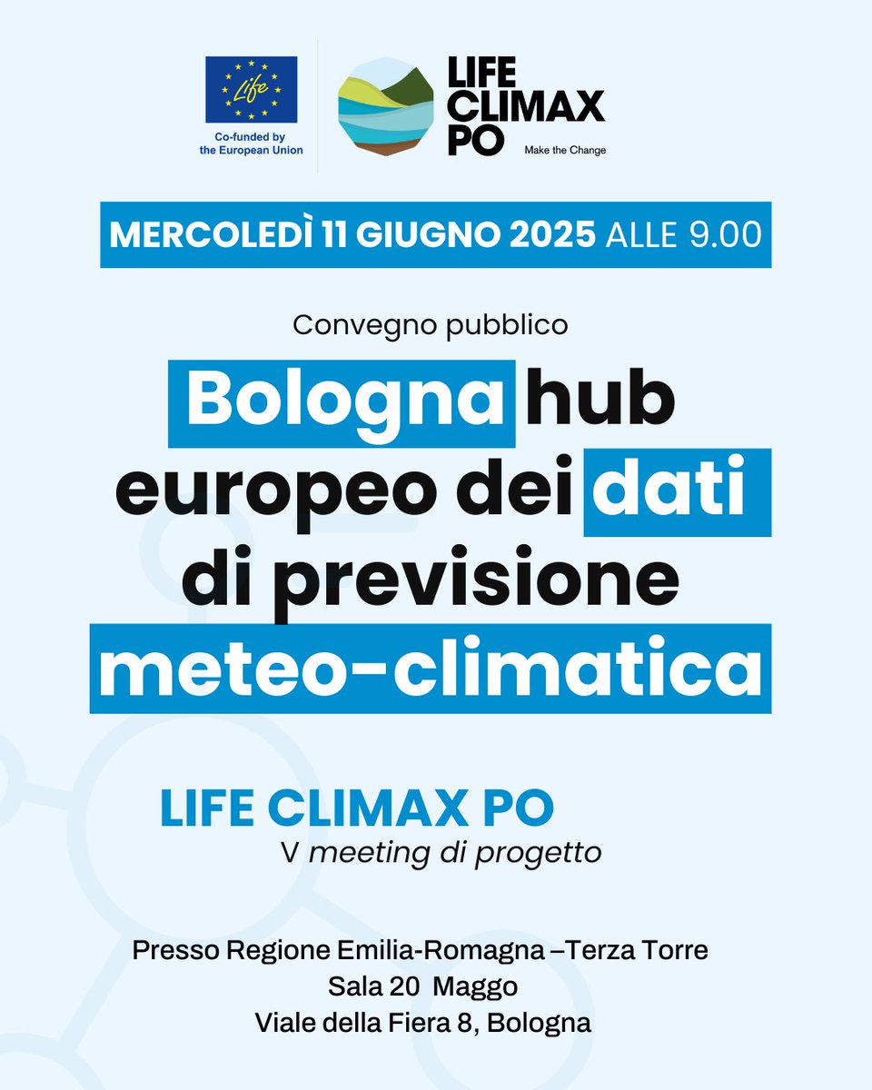 LIFE Climax Po (@lifeclimaxpo) on Twitter photo Come i dati aiutano a prevenire gli eventi estremi?
📅 11/6 a Bologna il convegno #LIFEClimaxPo con <a href="/RegioneER/">Regione Emilia-Romagna</a> , Autorità Bacino Po, <a href="/ItaliaMeteo/">Meteo Italia</a> , <a href="/ECMWF/">ECMWF</a>, <a href="/CmccClimate/">Fondazione Cmcc</a>, <a href="/Cineca1969/">Cineca</a> , <a href="/ISPRA_Press/">ISPRA - Ist. Sup. Protezione e Ricerca Ambientale</a>
➡️ Streaming: sala-a.regione.emilia-romagna.it
#ClimateChange #EventiEstremi Come i dati aiutano a prevenire gli eventi estremi?
📅 11/6 a Bologna il convegno #LIFEClimaxPo con <a href="/RegioneER/">Regione Emilia-Romagna</a> , Autorità Bacino Po, <a href="/ItaliaMeteo/">Meteo Italia</a> , <a href="/ECMWF/">ECMWF</a>, <a href="/CmccClimate/">Fondazione Cmcc</a>, <a href="/Cineca1969/">Cineca</a> , <a href="/ISPRA_Press/">ISPRA - Ist. Sup. Protezione e Ricerca Ambientale</a>
➡️ Streaming: sala-a.regione.emilia-romagna.it
#ClimateChange #EventiEstremi