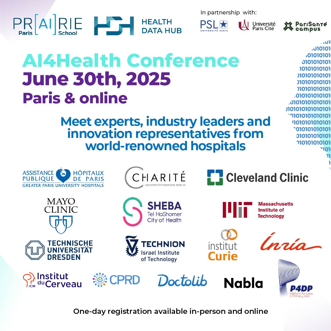 [#AI4Health] Our #SummerSchool on AI for health is almost here! ☀️
Discover the program for the opening day, June 30, at the Institut Necker (Paris) and online:

🎙 9:00am : Keynotes “#Hospitals &amp; Innovation”
Leaders from <a href="/APHP/">Assistance Publique – Hôpitaux de Paris (AP-HP)</a>, <a href="/ChariteBerlin/">Charité - Universitätsmedizin Berlin</a>, <a href="/ClevelandClinic/">Cleveland Clinic</a>, <a href="/MayoClinic/">Mayo Clinic</a> and