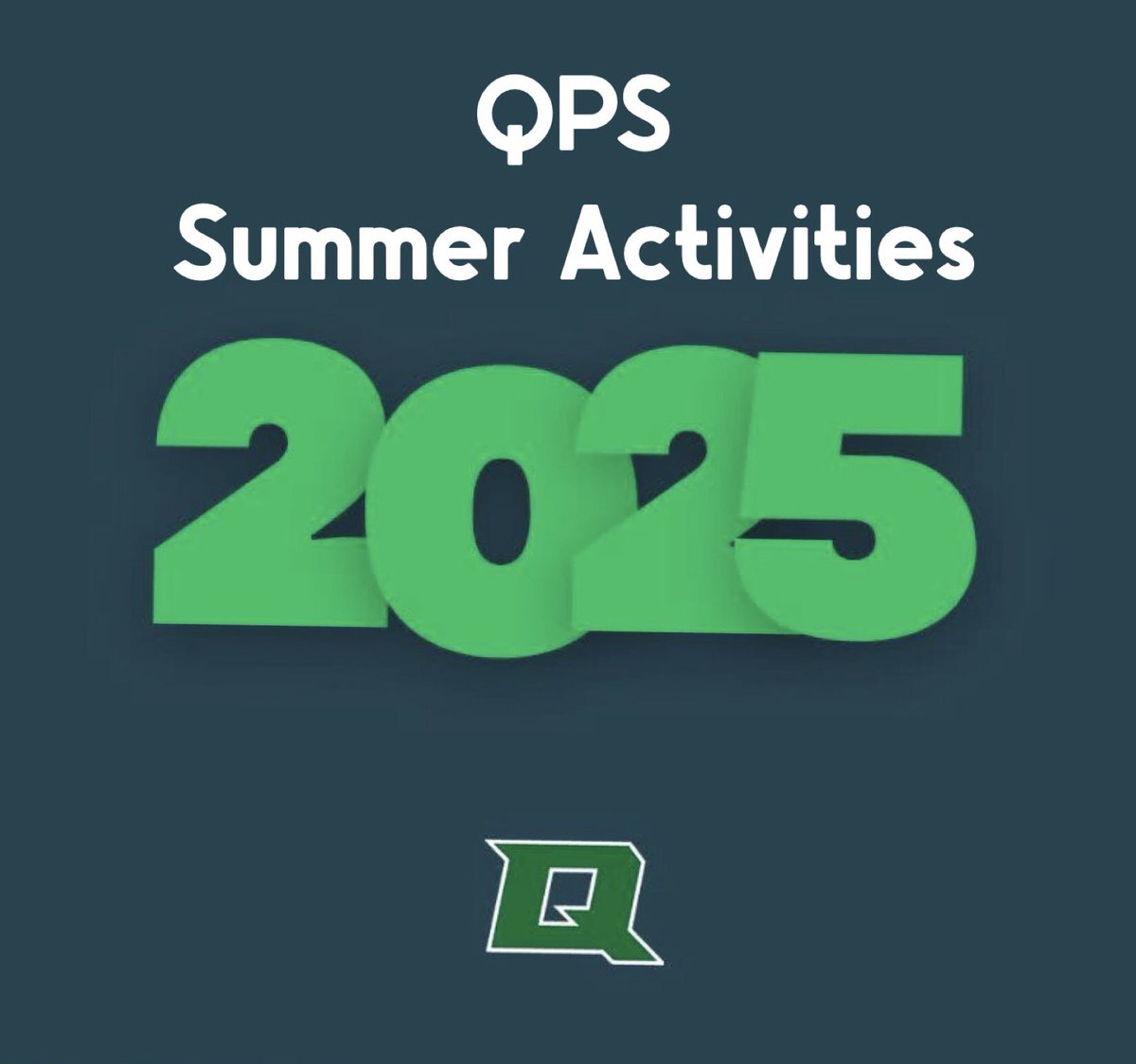 Monday, June 9, at QPS 
Summer School (8:30-11:30)
Compass Academy (8:30-2:30)
Summer Weights
HS Boys Summer Basketball at Afton
9:45-Chouteau
10:30-Afton
HS Summer Baseball home Ketchum: 5:00 p.m.