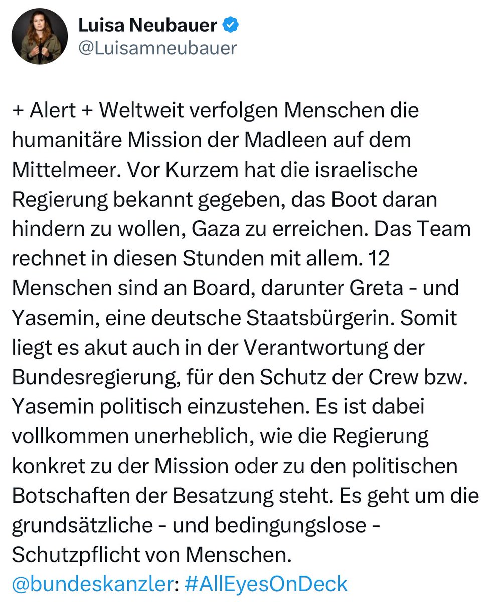 Luisa Neubauer ruft dazu auf, eine Terrorunterstützerin zu supporten. Yasemin Acar fällt seit Hahren durch ihre Unterstützung für Hamas, Hisbollah und die Mullahs auf.  
Allerletzte Generation..