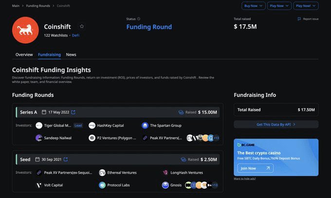 融资情况

Coinshift从老虎环球基金、HashKey Capital、斯巴达集团等知名风险投资公司筹集了1750万美元。
