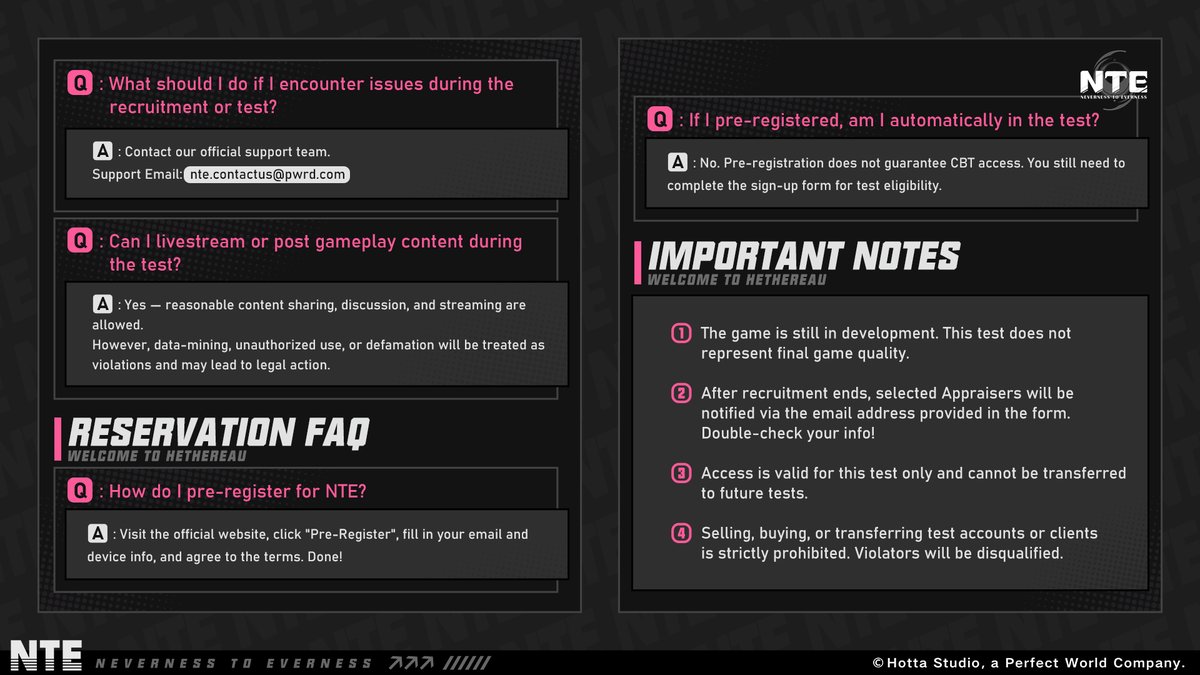 NTE Containment Test Instructions and FAQ

The NTE Containment Test is now scheduled for July 3rd! We've compiled detailed instructions and frequently asked questions about the test. Please check them out, Appraisers! 🌟

— Hey! Welcome to Hethereau! —
NTE Containment Test Now