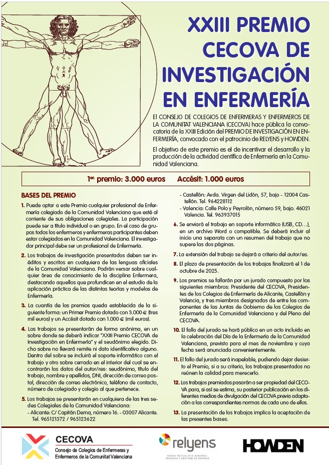 El <a href="/enfercecova/">CECOVA</a> presenta la XXIII edición del Premio CECOVA de Investigación en Enfermería.

Puede optar a él cualquier profesional de Enfermería colegiado de la Comunidad Valenciana. La participación puede ser individual o en grupo.

📌 papelesdeenfermeria.com/el-cecova-impu…