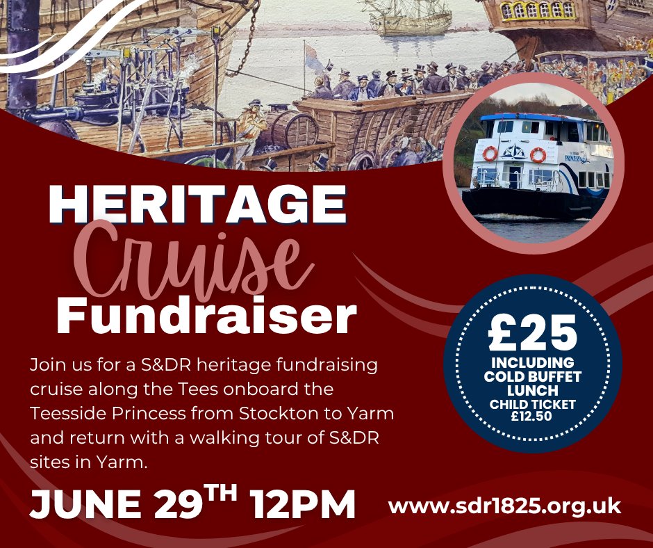 Last call on our Heritage Cruise fundraiser, this great value trip will take you from Stockton to Yarm &amp; return and includes a cold buffet lunch and a special S&amp;DR commentary.  Please book your place by Friday 13th. sdr1825.org.uk/product/teessi…
#rail200 #sdr200