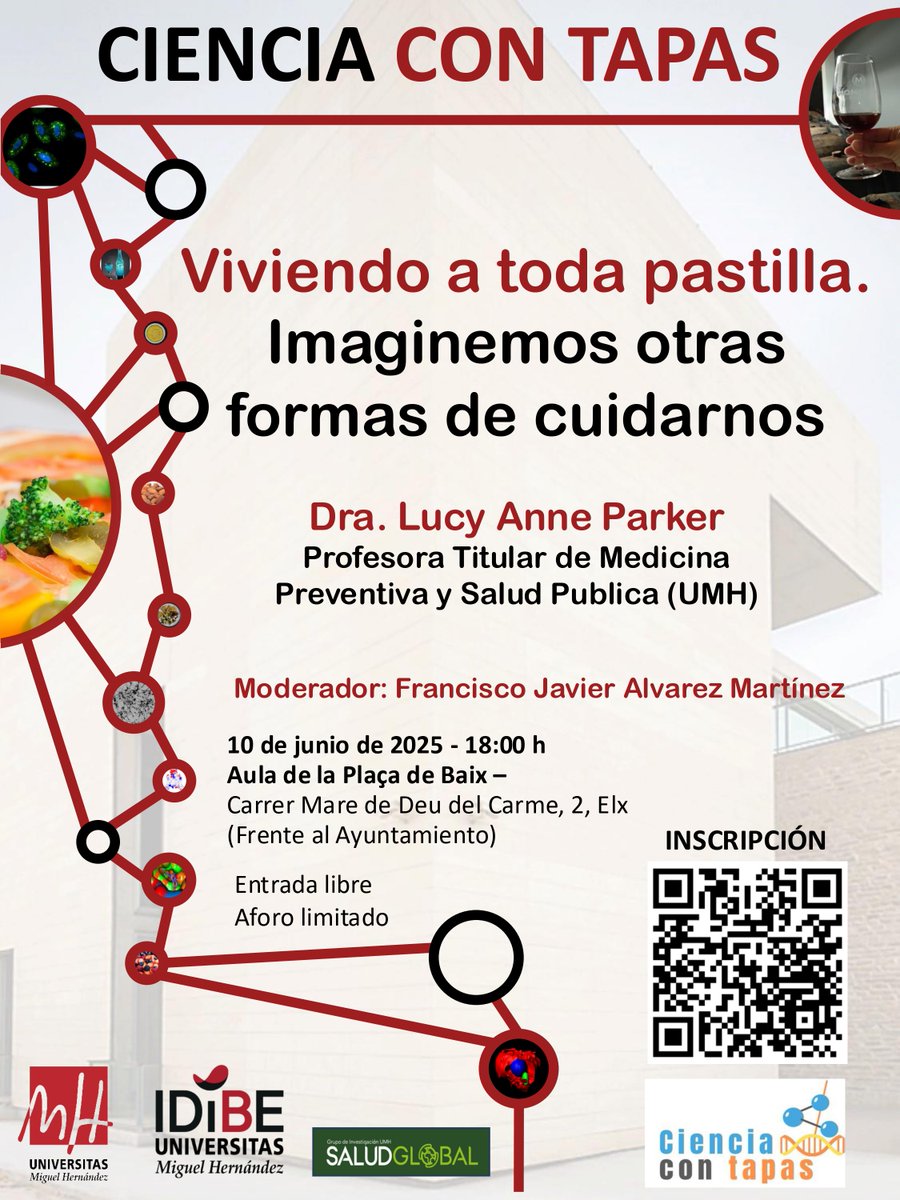 🔥 ¡HEMOS VUELTO con #CienciaConTapas🍻🍕!
Te esperamos mañana con la charla "Viviendo a toda pastilla. Imaginemos otras formas de cuidarnos" por parte de la 👩‍🔬Dra. Lucy Anne Parker <a href="/UniversidadMH/">UMH</a> 

🗓️10-junio
⌚️18.00h
📍Aula <a href="/UniversidadMH/">UMH</a> Plaça de Baix #elche 
🏟️ Aforo limitado