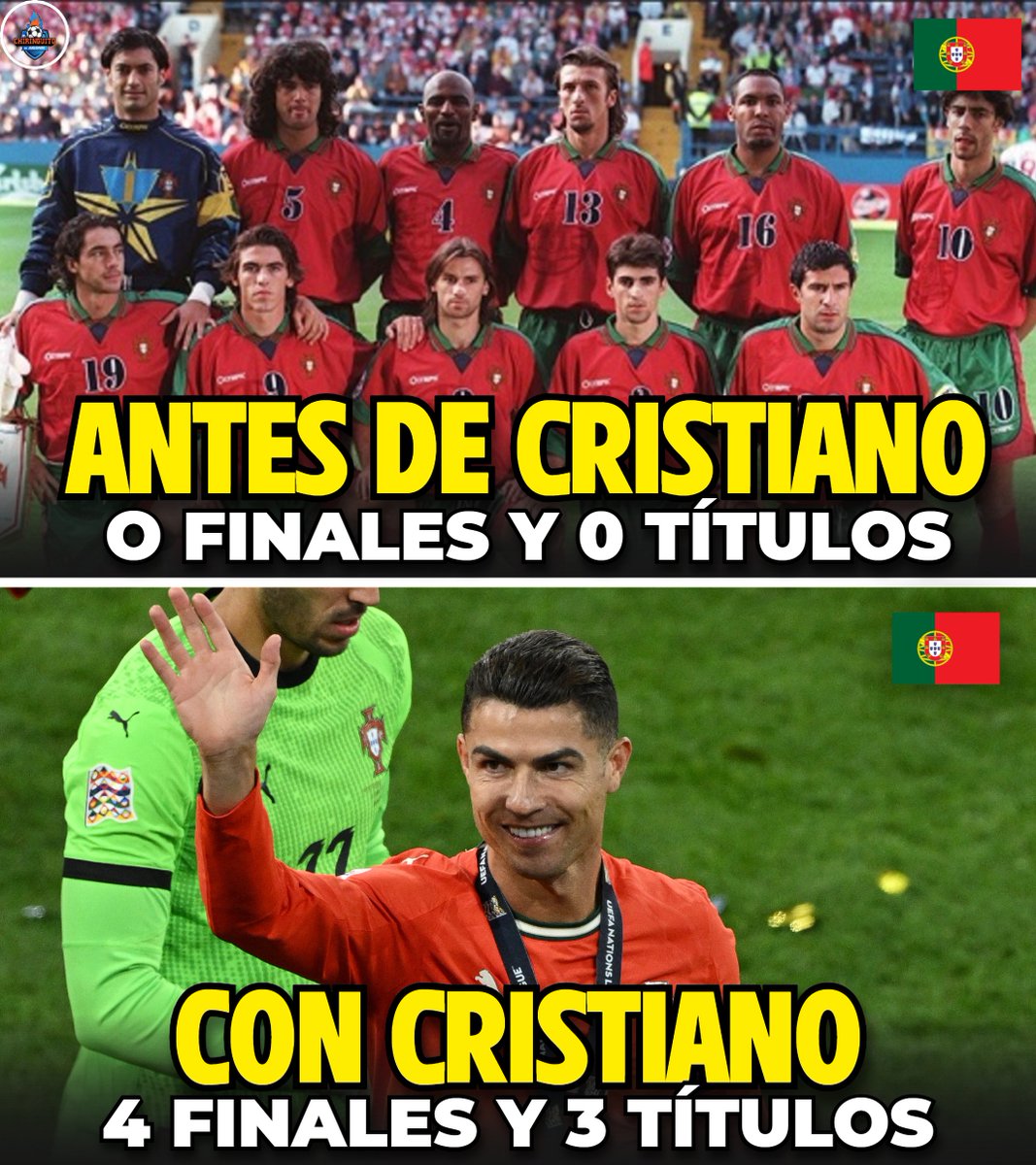 🇵🇹 La EVOLUCIÓN de PORTUGAL desde la llegada de CRISTIANO:

❌Antes de CR7: 0 finales y 0 títulos.

✅Con CR7: 4 finales y 3 títulos.