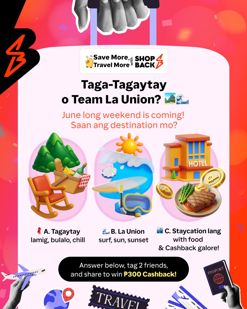 shopbackph's tweet photo. Kahit saan man ang long-weekend fantasy mo, basta with ShopBack, siguradong may Cashback ka na makukuha! 😉

#ShopBackKaMuna #ShopBackPH 
#TravelWithShopBack https://t.co/2TbgEZlxwk