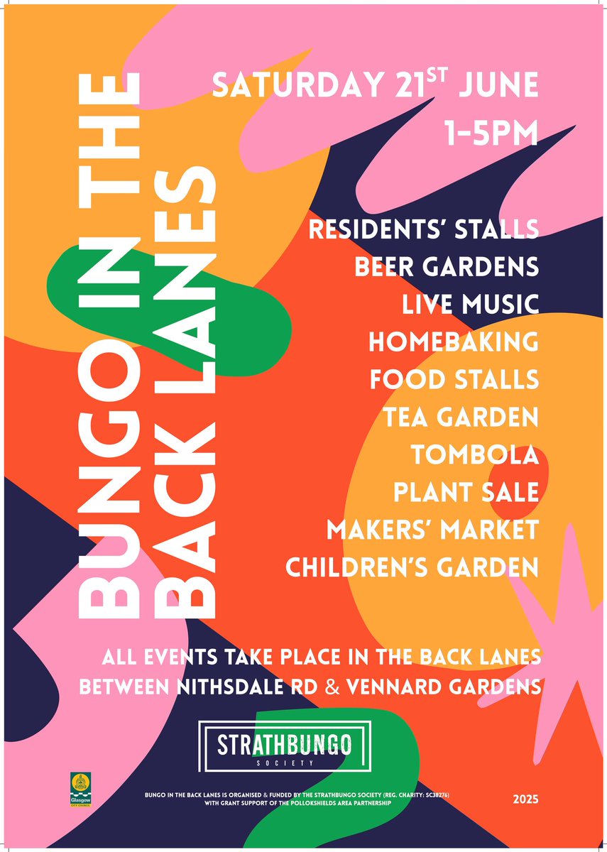 The ever popular neighbourhood festival Bungo in the Back Lanes, hosted by The Strathbungo Society, returns on Saturday 21st June!

𝗙𝗶𝗻𝗱 𝗼𝘂𝘁 𝗺𝗼𝗿𝗲: tinyurl.com/56bca7yv