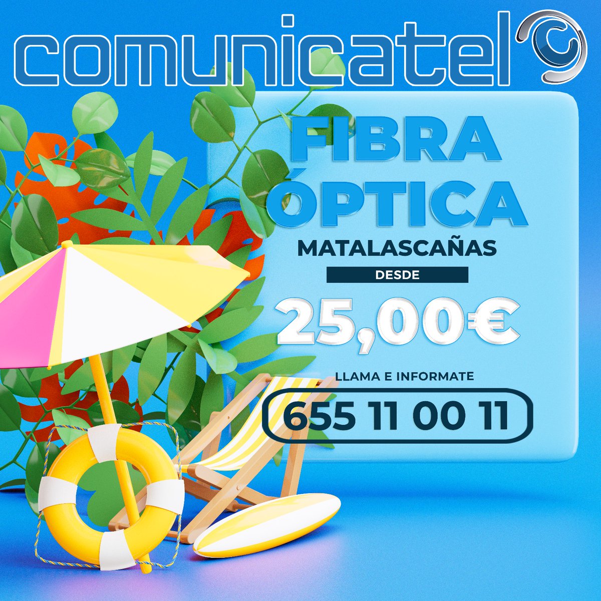 satcomunicatel's tweet photo. ¿Llegan las vacaciones y aún estás sin internet en tu casa de la playa? Fibra óptica al mejor precio. Desde solo 25€/mes. Oferta sujeta a disponibilidad geográfica. Llámanos e infórmate sin compromiso. 655 11 00 11 https://t.co/5KaXURA0Cb