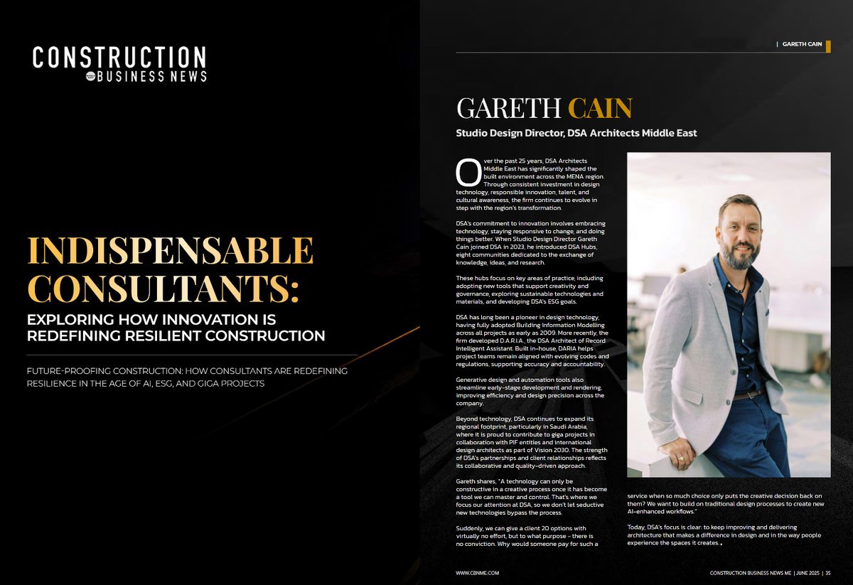 DSA Architects International (@dsaarchitects) on Twitter photo In the June issue of <a href="/CBN_ME/">Construction Business News ME</a> on Future-Proofing #Construction, <a href="/DSAarchitects/">DSA Architects International</a> Studio Design Director, Gareth Cain shares how technology becomes truly constructive only when mastered, enhancing creativity rather than replacing it.
bit.ly/3HL6iSA In the June issue of <a href="/CBN_ME/">Construction Business News ME</a> on Future-Proofing #Construction, <a href="/DSAarchitects/">DSA Architects International</a> Studio Design Director, Gareth Cain shares how technology becomes truly constructive only when mastered, enhancing creativity rather than replacing it.
bit.ly/3HL6iSA