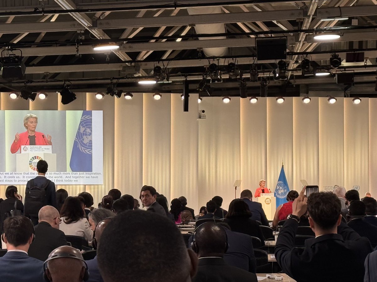 CostasKadis's tweet photo. @vonderleyen is giving an inspiring speech at #UNOC3 plenary and presents concrete initiatives that the #EU takes for the preservation and sustainable management of our Ocean. https://t.co/OaUvWuca41