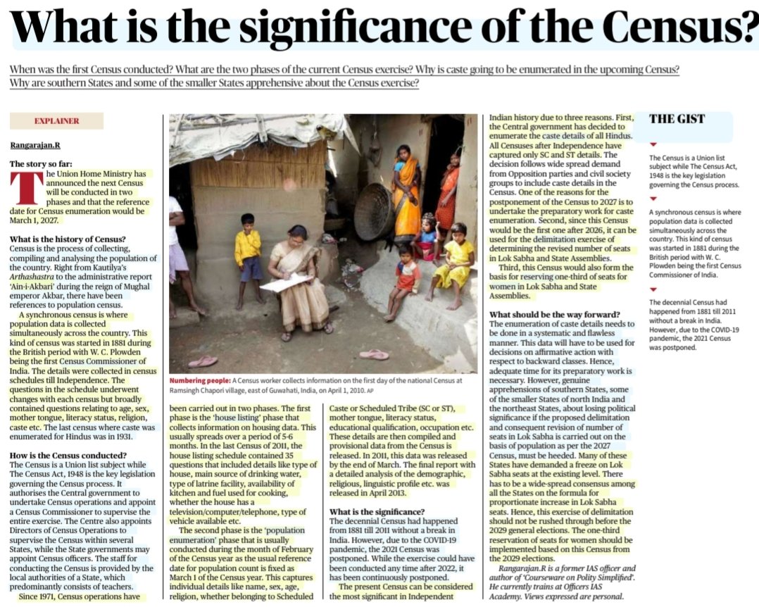 imRavikantYadav's tweet photo. 'What is the significance of the Census?'
:An Insightful article by Rangarajan Sir
@rangarajan_ias
#Census #Census2027
#HouseListing #PopulationEnumeration
#CasteCensus #Delimitation
#women #Reservation
#CensusCommissioner #History #Arthshastra #AinIAkbari
#UPSC https://t.co/CGPpuMcHv4