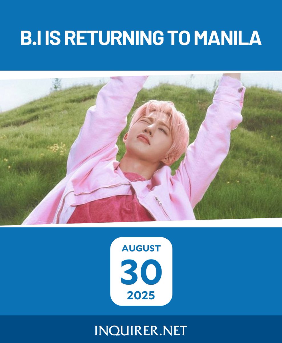 inquirerdotnet's tweet photo. MAY POGI NA NAMAN SA PINAS 😍 

Solo artist B.I is returning to Manila for his “The Last Parade” concert on August 30.  

Details on the venue and tickets are yet to be announced. | @HMallorcaINQ 

Visit https://t.co/SJREtQ9HPf for more updates and stories. https://t.co/bxrAN55W4G