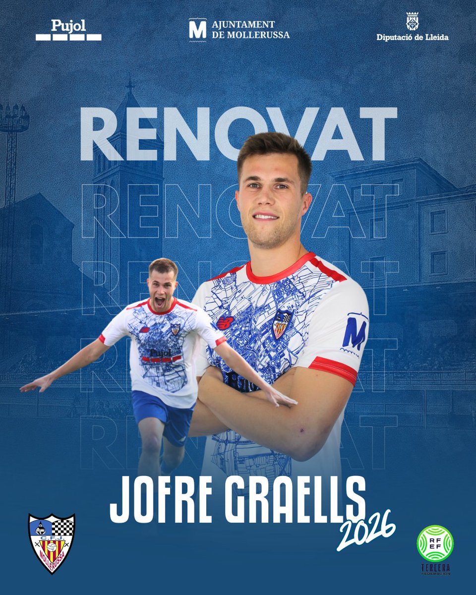 CFJ_Mollerussa's tweet photo. ✍ Jofre Graells, 𝐑𝐄𝐍𝐎𝐕𝐀𝐓!

El nostre pitxitxi seguirà marcant gols amb la samarreta del CFJ Mollerussa un any més. 

🤠 Comptem els dies per tornar-te a veure damunt la gespa!

Seguim junts, @jofgm98! 💙

#forçamolle https://t.co/eSCJYoPJr3