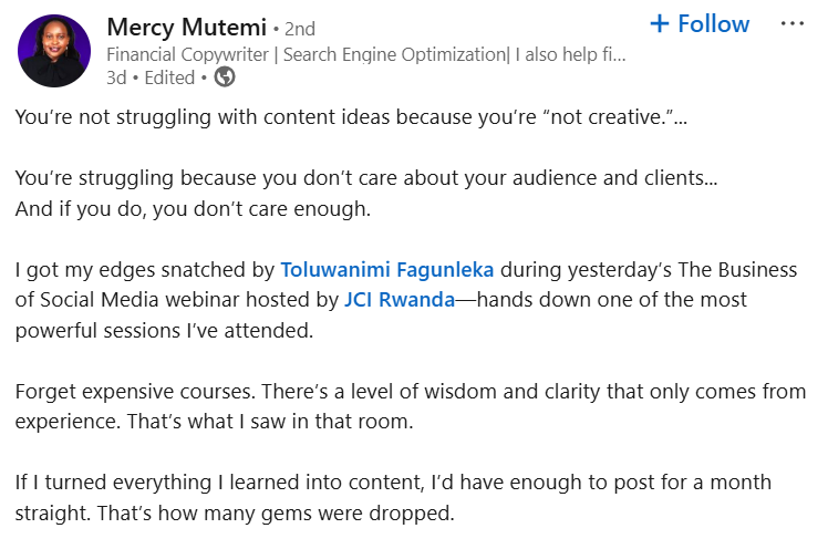 jcirwanda's tweet photo. Thank you, @mutemi_mercy, for such a brilliant capture of the gems and practical tips shared by all the amazing speakers.

We're excited to read and see that much of the wisdom shared deeply resonated with you. https://t.co/egJ39cLE3V