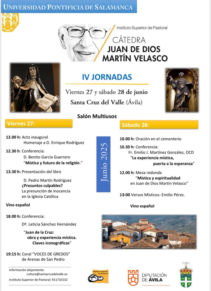 🗣️ SANTA CRUZ DEL VALLE | IV Jornadas de la Cátedra Juan de Dios Martín Velasco, de la <a href="/upsa/">UPSA</a>, el viernes 27 y el sábado 28 en #SantaCruzDelValle. 

👉🏻 Durante el acto inaugural se rendirá homenaje al alcalde, D. Enrique Rodríguez, fallecido el pasado febrero.