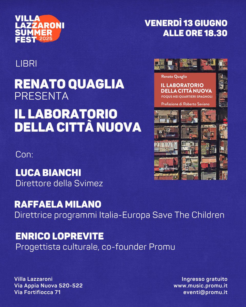 SVIMEZ (@svimez) on Twitter photo 🗓️Venerdì 13 giugno, h 18.30 a Villa Lazzaroni (Roma) Renato Quaglia racconterà il processo di rigenerazione urbana ed educativa nei Quartieri spagnoli, proposta da <a href="/FoqusNapoli/">Foqus Napoli</a> con una «scuola diffusa».
Con l’autore dialogheranno <a href="/lubianchi68/">Luca Bianchi</a>, <a href="/milano_raffaela/">Raffaela Milano</a> e Enrico Loprevite 🗓️Venerdì 13 giugno, h 18.30 a Villa Lazzaroni (Roma) Renato Quaglia racconterà il processo di rigenerazione urbana ed educativa nei Quartieri spagnoli, proposta da <a href="/FoqusNapoli/">Foqus Napoli</a> con una «scuola diffusa».
Con l’autore dialogheranno <a href="/lubianchi68/">Luca Bianchi</a>, <a href="/milano_raffaela/">Raffaela Milano</a> e Enrico Loprevite
