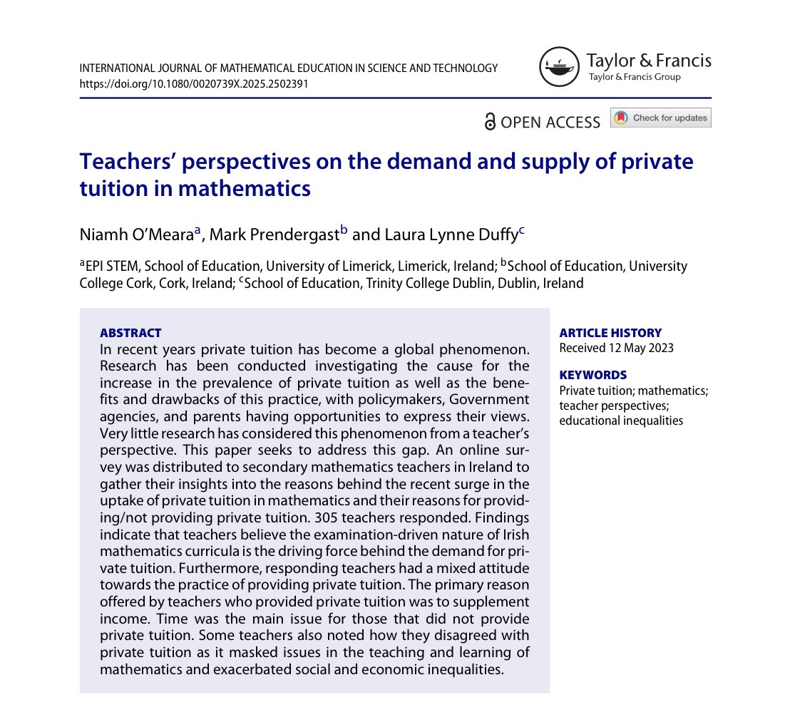 Delighted to see this paper published today. In it we see Irish maths teachers say “grinds” are driven by exam pressure, income needs &amp; systemic gaps. Most teachers provide grinds to supplement pay but some worry it worsens inequality &amp; masks deeper issues in maths education.