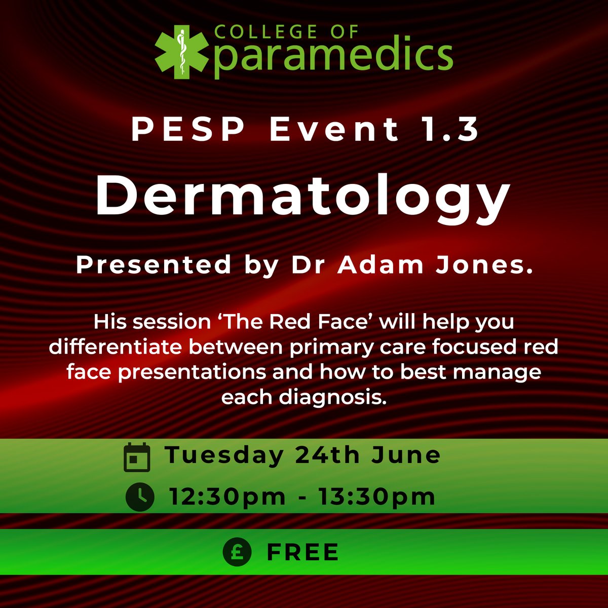 College of Paramedics (@paramedicsuk) on Twitter photo 🚨 PESP continues on Tuesday 24th June 2025 (12:30-13:30) with a Dermatology teaching session by Dr Adam Jones. 
To find out more click here ➡️ bit.ly/4kIxX5a 🚨 PESP continues on Tuesday 24th June 2025 (12:30-13:30) with a Dermatology teaching session by Dr Adam Jones. 
To find out more click here ➡️ bit.ly/4kIxX5a