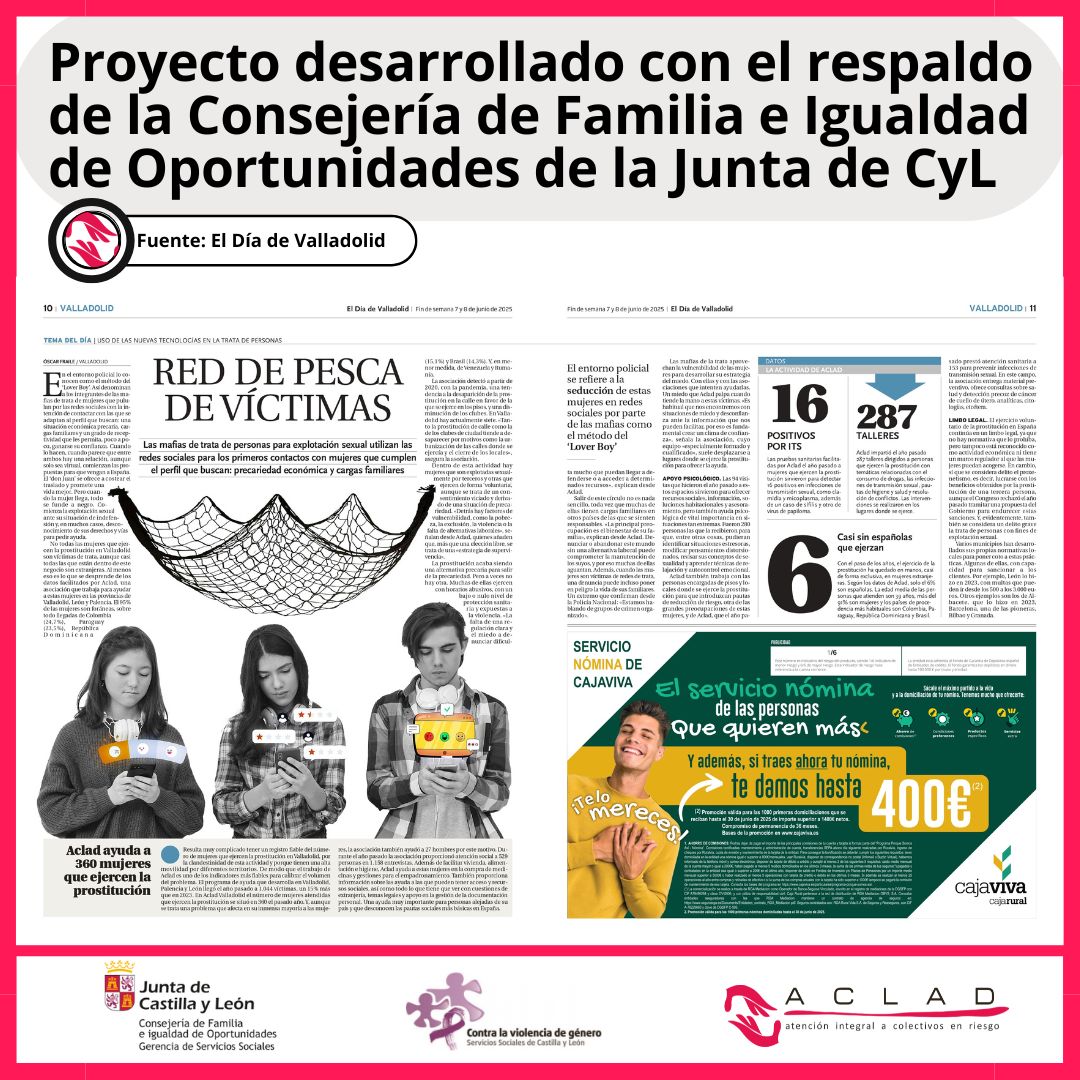 ✔️📰El <a href="/DiadeValladolid/">El Día de Valladolid</a> realiza un reportaje sobre la labor desarrollada desde nuestro programa ‘Atrapadas’
▪️Este proyecto, llevado a cabo desde nuestra entidad, cuenta con el respaldo de <a href="/familiajcyl/">Familia Castilla y León</a> 
🔗aclad.net/el-dia-de-vall…

#ACLAD
#ExplotaciónSexual
#TrataDePersonas