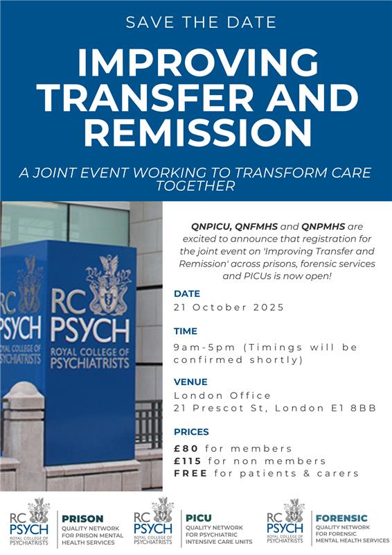 Quality Network for PICUs (@rcpsychqnpicu) on Twitter photo 📢 The QNPICU team are joining forces with QNFMHS and QNPMHS (<a href="/rcpsychQNPMHS/">Quality Network for Prison Mental Health Services</a>) for 'Improving Transfer and Remission: A joint event working to transform care together'.
👥Don’t miss this chance to collaborate & improve care!
🔗Sign up here: bit.ly/43f33vG 📢 The QNPICU team are joining forces with QNFMHS and QNPMHS (<a href="/rcpsychQNPMHS/">Quality Network for Prison Mental Health Services</a>) for 'Improving Transfer and Remission: A joint event working to transform care together'.
👥Don’t miss this chance to collaborate & improve care!
🔗Sign up here: bit.ly/43f33vG